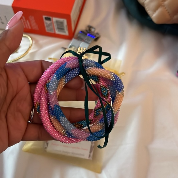 Set of 2 Pink, Blue Pattern Roll Over Handmade Glass Beaded Crochet Bracelet - Picture 8 of 8